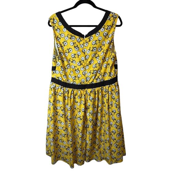 eShakti Sleeveless Fit & Flare Bicycle Print Dress Yellow Black Bow Waist 1X 18W - Picture 2 of 6